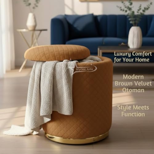 Image of Premium Round Storage Ottoman Stool 13 X 13X 16 inch, with Gold Metal Base | Luxury Pouffe with Hidden Storage | Cushioned Footrest for Living Room, Bedroom & Lounge Brown