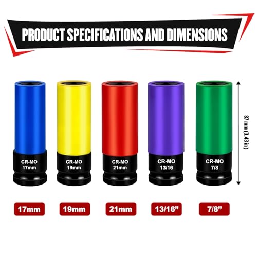 Image of YIYITOOLS 5Pcs 1 /2 inch Drive Lug Nut Socket Set, Color-Coded Thin Wall Deep Impact Sockets, Metric 17mm /19mm /21mm & SAE 13 /16 inch /7 /8 inch, CR-MO Steel, 6-Point, Non-Marring Wheel Protector
