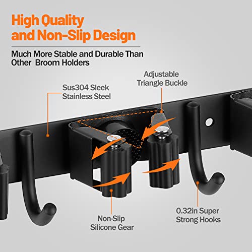 Lovzen Broom Holder Wall Mount, Broom Organizer Wall Mount Stainless Steel Mop And Broom Holder Wall Mounted Heavy Duty Broom Hanger Storage Rack For Kitchen,Laundry Room,Garden 5 Rack 4 Hooks Black #TOP3