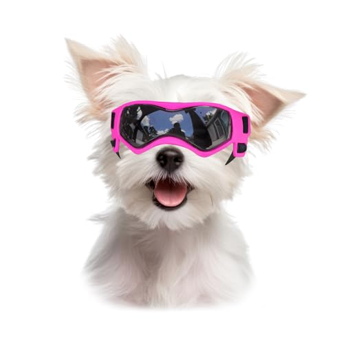 Billionchains Dog Goggles Dog Sunglasses for Small Breed UV Protection Windproof with Adjustable Head Straps Chin Straps for Ride Car/Hiking Travel/On Beach-Pink