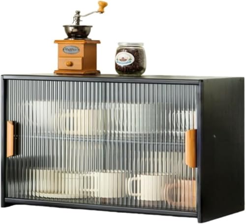 Barino ウォーターカップ収納ボックス ミニ卓上収納食器棚 竹製 キッチンカウンター カップボード 防塵 引き戸 防湿 防虫 大容量 キッチンキャビネット 調味料 お茶碗 小物入れ収納 ひとり暮らし用 簡単組立省スペース (仕切り付き55x28x34c