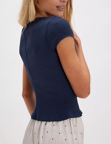 Image of Dqbeng Womens Summer Cardigans Cap Sleeve Ribbed Button up Shirts Fitted Basic Going Out Tops (Navy-M)