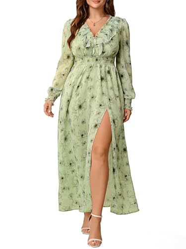 Plus Size Green Dresses for Curvy Women: Green Floral Long