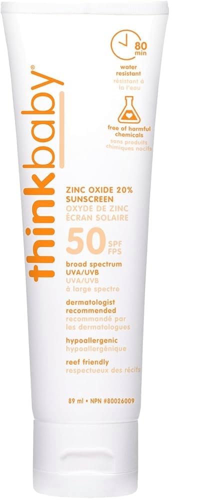 Thinkbaby SPF 50+ Baby Mineral Sunscreen – Safe, Natural Sunblock for Babies - Water Resistant Sun Cream – Broad Spectrum UVA/UVB Sun Protection – Vegan Baby Sunscreen Lotion, 3 Oz.