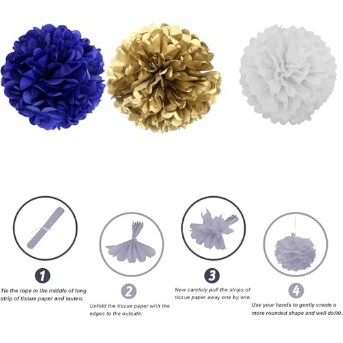 Image of We Moment Navy Blue Gold White Paper Pom Poms Decorations for Boys Girls Birthday Graduation Decoration Ceiling Wall Hanging Tissue Flowers Decorations 12pcs,3 Colors