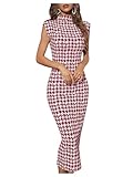 WDIRARA Womens Ankle Length Houndstooth Mock Neck Sleeveless Shoulder Pads Bodycon Dress (Red White, Medium)