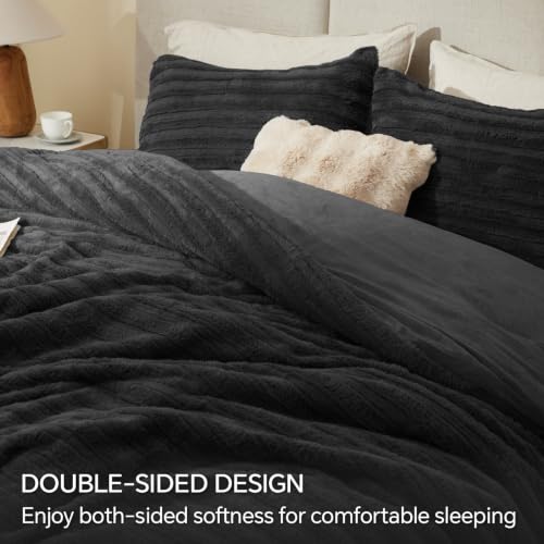 Image of BEDELITE Faux Fur Queen Comforter Set, Fluffy Bed Set, Black | Super Soft & Warm, Luxury Fuzzy Cozy Comforter for Winter, Heavy Plush Bed set, with 2 Pillowcases
