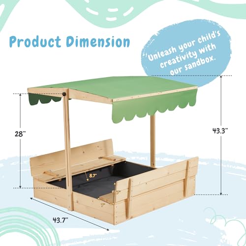 YOLENY Sandbox with Lid,Kids Sandbox with Cover Outdoor,Wooden Sand Box with 2 Foldable Bench Seats for Ages 2-8, Adjustable UV-Resistant Roof & Bottom Liner for Backyard,Beach - Thumbnail 2