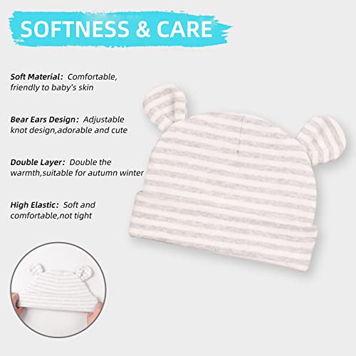 Image of Original Cotton Newborn Hats for Girls Striped Preemie Baby Hats Bear Ears Infant Boys Beanies 0-6 Months