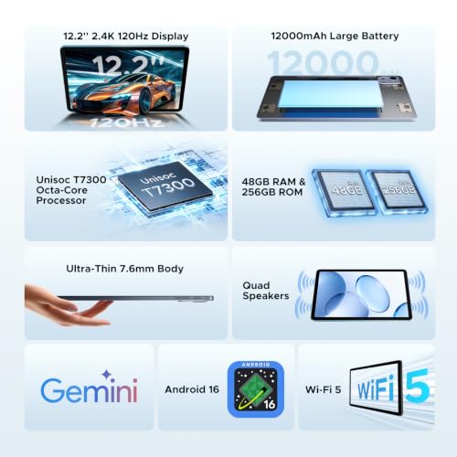 Image of P12 Plus 12 Inch Tablet Android 16, T7300 Octa-core, 12000mAh /18W, 2.4K 120Hz, 48GB RAM+256GB ROM /2TB TF, Gemini AI, 5G WiFi, 8MP+13MP, Face ID, OTG, Widevine L1, Tablet with Keyboard and Pen,GRAY