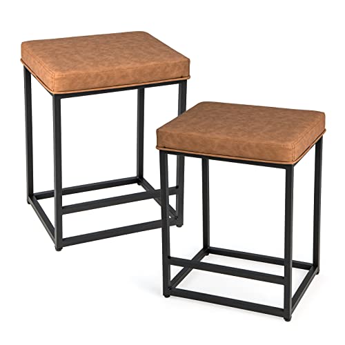 COSTWAY Bar Stools Set of 2, Upholstered Bar Chairs with PVC Leather Cushion, Footrest & Adjustable Pads, Metal Frame Breakfast Counter Height Stools for Kitchen Dining Room, 160kg Capacity (2, Brown)