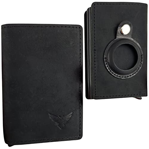 Men's Slim Wallet For Air Tag – RFID Blocking Wallet for Men – Black Leather AirTag Wallet – Ideal Card Holder with Money Clip and AirTag Slot – Pocket-Sized Men's Wallet (Charcoal Black)
