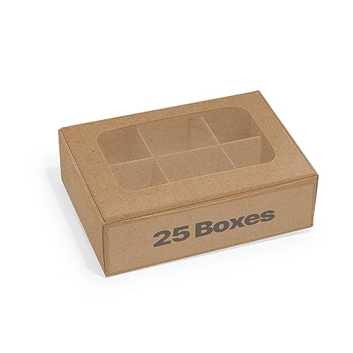 Modsy Baking - 25 pcs Kraft Mini Truffle Box for 6 treats with Window and Dividers, Bakery Boxes, 5 x 3.5 x 1.57 Inches VERY SMALL Baking Boxes, Square Truffles Box Decorating Supplies for Gift Giving