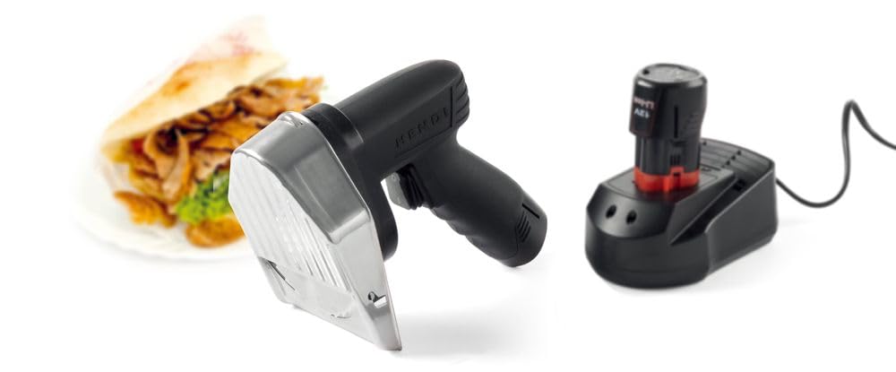 HENDI Couteau à kebab électrique sans fil, coupe réglable 0-8mm, 2600 RPM, 2 batteries 2000mAh, 80W, 60kg/h, trancheuse à viande Turc Shawarma, coupe-gyro, 230V, 199x125x(H) 184mm, acier inoxydable