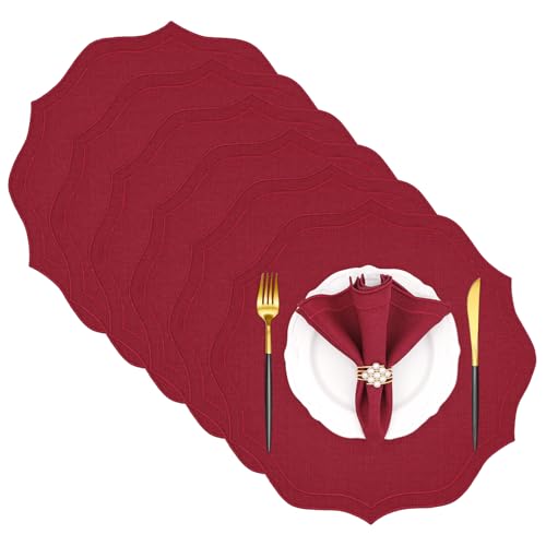 Cotton Linen Round Placemats Set of 6, HADEEONG Table Mats Cloth Placemats, Washable Wrinkle Resistance, Scalloped & Embroidered Fabric Placemats, 15.5 inch (Wine Red, 6) by HADEEONG - Used condition - US$22.11