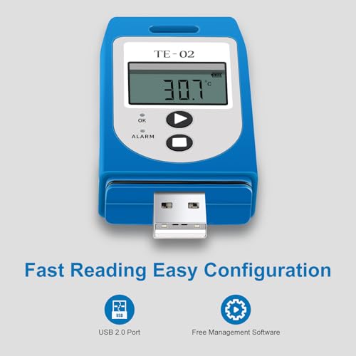 ThermElc TE-02 Pro Temperatur Datenlogger Automatischer PDF/CSV-Bericht, Wiederverwendbar, Vergleich von Daten Mehrerer Geräte, Überwachung von Kühl, Temperaturrekorder Konform mit 21CFR Teil 11