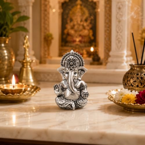 Image of Gold Art India Ganesh Idol 999 Silver Plated Antique Matte | 3 x 2 Inch Ganesha Murti with Peacock Blue Velvet Gift Box | Home Temple, Office Desk & Spiritual Gift