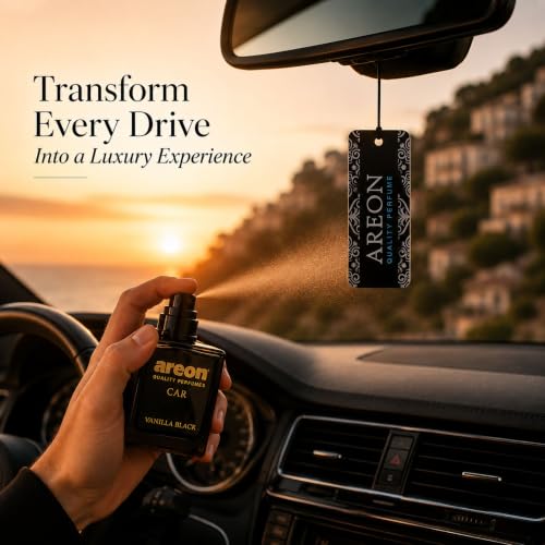 Image of AREON MCP08 Vanilla Black Car Perfume Spray - 1.7 Fl Oz Glass Bottle Air Freshener - Long-Lasting Fragrance for Car Interior - Premium Auto Air Freshener - Elegant Scent (50ml)