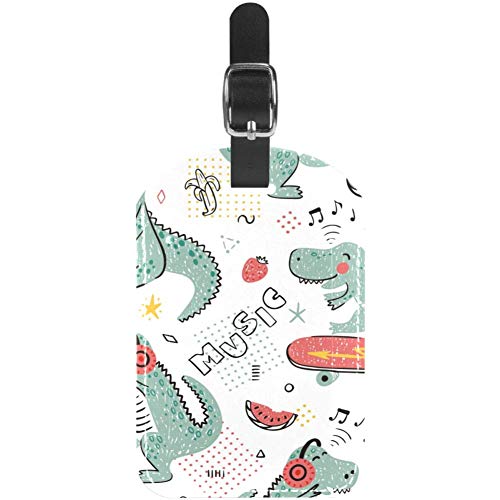 Preisvergleich Produktbild TIZORAX Gepäckanhänger für Musikliebhaber, Dinosaurier, Skateboard, Dino-Muster, Leder, Reisekoffer-Etiketten, 1 Packung