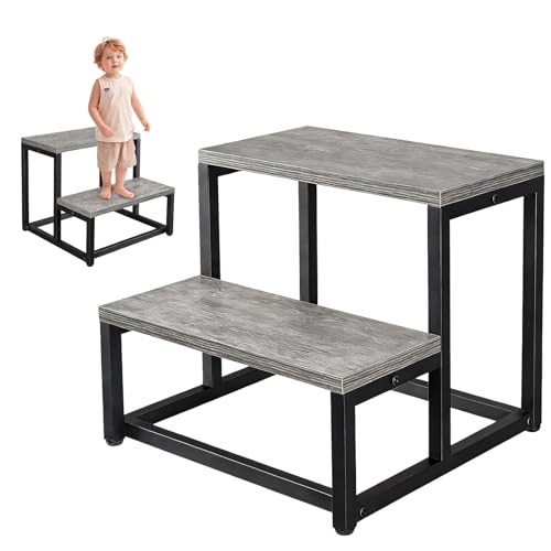 Taburetes de madera para adultos y niños, taburetes resistentes de 2 escalones con marco de hierro, taburetes de baño para cama alta, cocina, caravana, baño, soporta hasta 500 libras de capacidad,