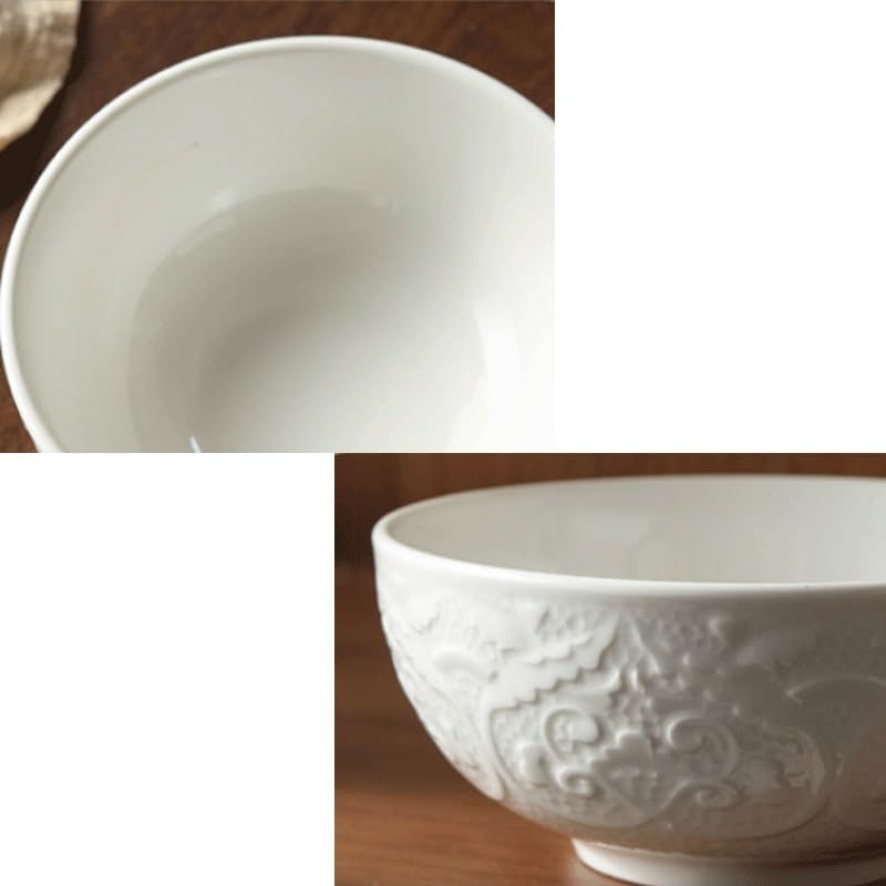 White Ceramic Bowls with Relief Patterns Rice Porridge Restaurant Hotel Tableware