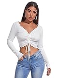SOLY HUX Women's Ruched Drawstring Long Sleeve V Neck Ribbed Crop Top Lettuce Trim Tee Shirt White S