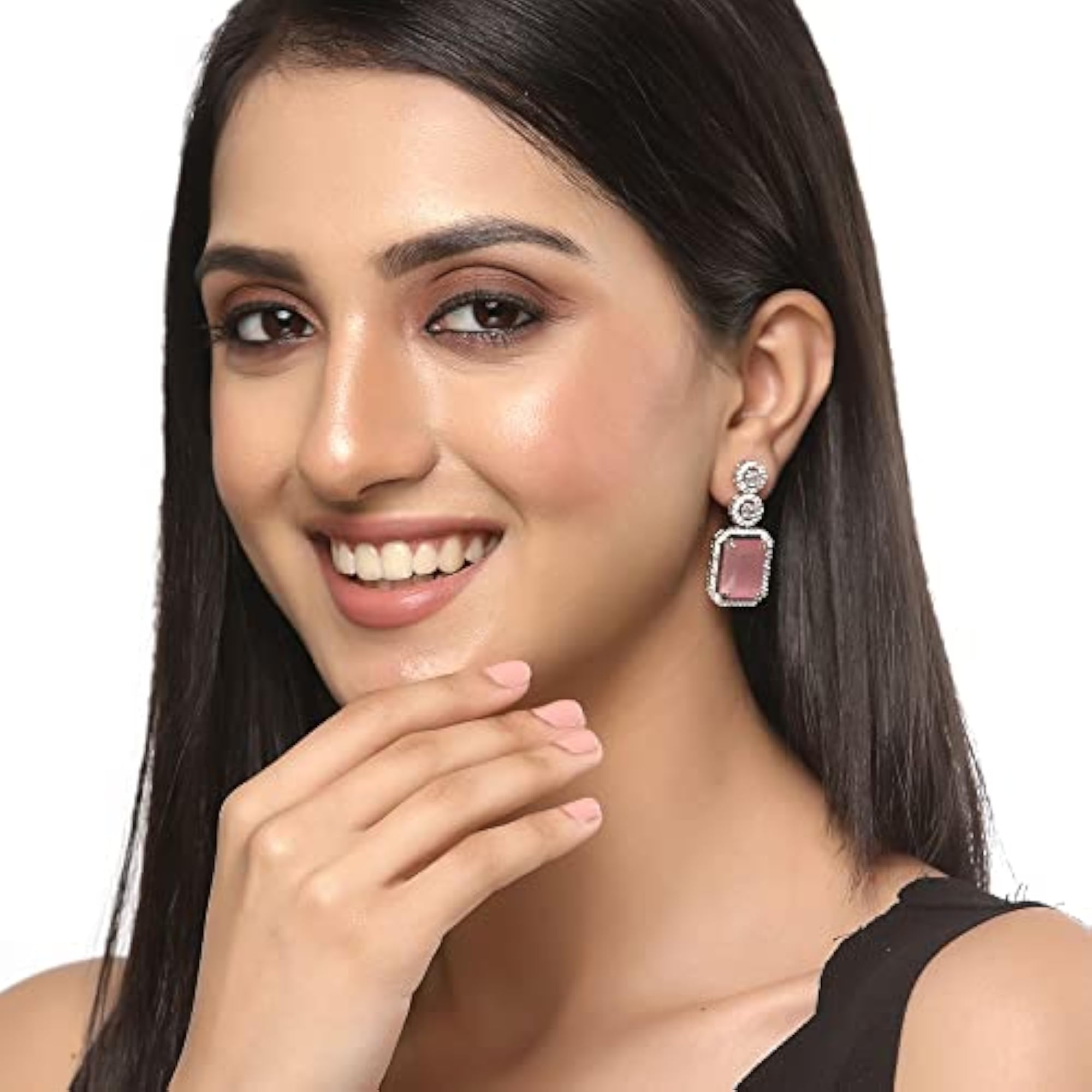 Oxidised Silver-Plated American Diamond Oval Drop Earrings