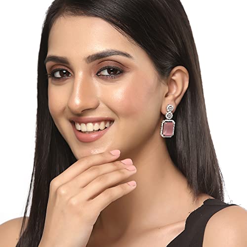 Oxidised Silver-Plated American Diamond Oval Drop Earrings