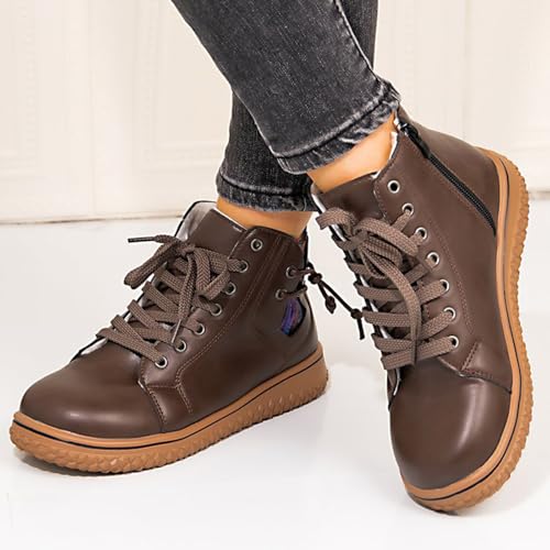 Womens Leather Lace Up Side Zipper High-Top Ankle Boots Retro Round Toe Platform Fashion Combat Booties Women's Casual Comfortable Flat Sneakers Outdoor Non-Slip Hiking Walking Shoes3