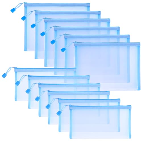Sinzip 12 Pieces Zipper Nylon Mesh Pouch, Mesh Cosmetic Bags Makeup Bags Pencil Case, Multipurpose Travel Bags for Cosmetic School Office Supplies and Travel Accessories (Sky Blue, A5+B6)