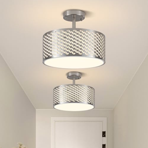 GUIHUALOVE Semi Flush Mount Ceiling Light, Modern 3 Bulb Hallway Ceiling Light Fixture with Metal Mesh Cage, 13 Inch Brushed Nickel Ceiling Light for Hallway, Porch, Foyer (1 Pack) by GUIHUALOVE - Used condition - US$56.22