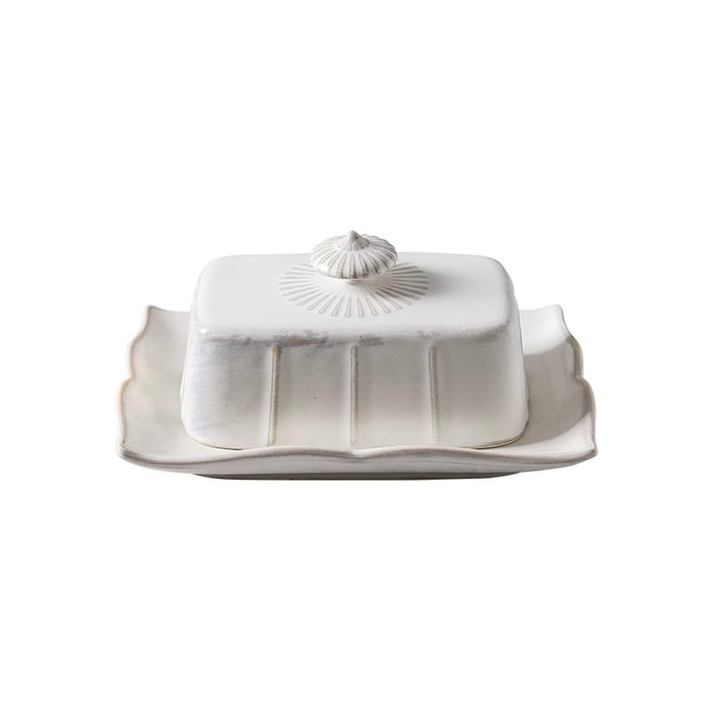 HPTHLY Butter Dish French Vintage Ceramic Butter Box French Tableware Baked Butter Plate With Cow Butter Cover Dim Sum Plate Cheese Box Butter Container (White)
