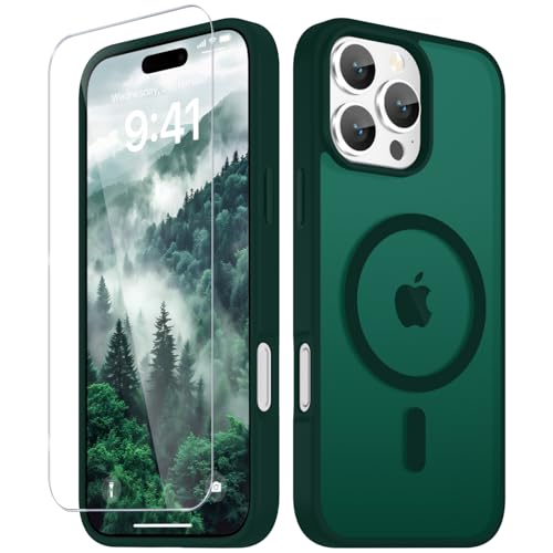 Image of YENAPOON for iPhone 16 Pro Max Case, Matte Magnetic Phone Cover [with 1 Screen Protector] [Support for MagSafe] [Shockproof Military Grade Protection] Translucent Frosted Back, Dark Green