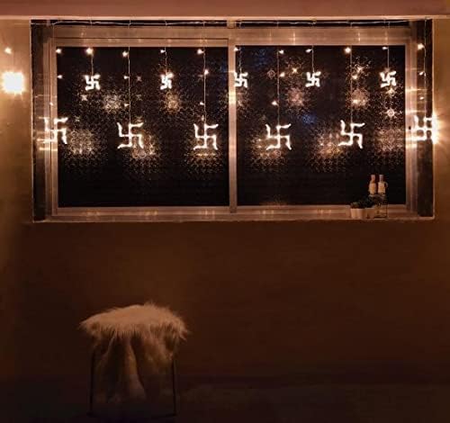 Image of URM Plastic Warm White Swastik Curtain Light, String LED Lights with Pack of 12 Hanging Swastik 8 Flashing Modes for Diwali Decoration, 5 Cm