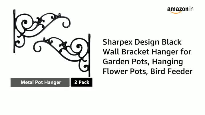 Sharpex Wall Mounted Metal Bracket | Decorative Wall Hook Plant Hanger for Hanging Pots, Bird Feeders, Flower Baskets, Planters, Lanterns, Lamps, and Wind Chimes for Indoor/Outdoor Use (Black, 2 Pc)