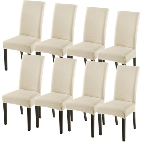 Image of SearchI Dining Room Chair Covers Set of 8, Stretch Jacquard Parsons Chair Slipcovers Super Fit Removable Washable Kitchen Chair Protector Cover for Dining Room, Hotel, Ceremony (Beige Rhombus)