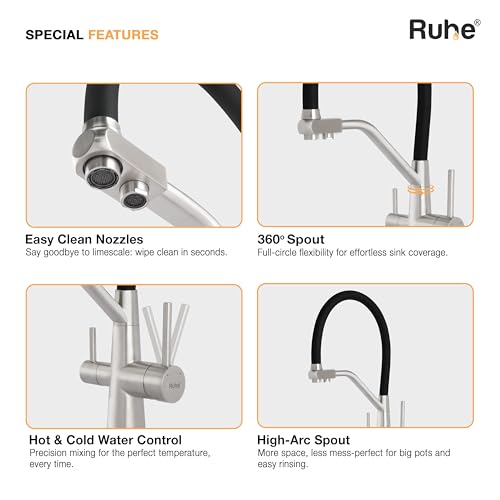 Image of Ruhe Wind Kitchen Sink Mixer Tap with RO Water Supply | Hot & Cold Dual Water | Flexible Silicon Spout | 360 Swivel | Table Mounted Faucet | 304-Grade Stainless Steel Kitchen Faucet