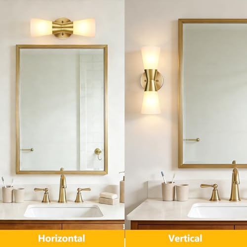 Image of Bathroom Wall Sconce, Modern Indoor Vanity Light Fixtures, Up Down Lighting, Wall Mount Lamp for Living Room Bedroom Hallway Stairway Fireplace Mirror E26 Base (White & Gold - 1pack, 13inch)