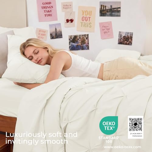 Image of Sasttie Twin Comforter Set, 5-Piece Bed in a Bag, Pintuck Bedding Sets for All Season, Includes Comforter, Flat Sheet, Fitted Sheet, Pillowcase and Pillowsham, Ivory