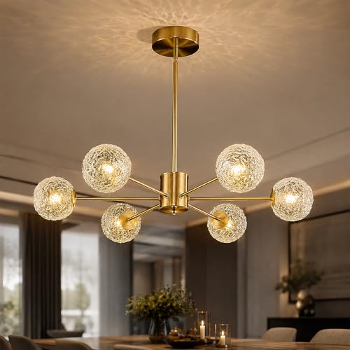Image of Modern Gold Sputnik Chandelier,6-Light Clear Glass Globe Chandelier, Mid Century Pendant Light Fixture for Dining Room Kitchen Island Living Room Bedroom Entryway