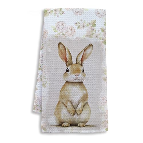 Shrago Vintage Bunny Floral Kitchen Towels, Gifts for Bunny Lovers Dish Tea Towels for Kitchen, Rustic Cottagecore Flower Rabbit Decorative Hand Towel for Bathroom Decor, 16x24 Inch