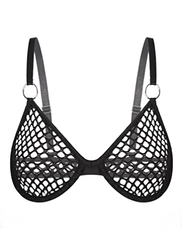 TiaoBug Damen Transparent Mesh/Netz BH Sexy Bustier Bralette Bikini Oberteil Bademode Top erotische Unterwäsche Dessous Gogo Clubwear Schwarz E 5XL