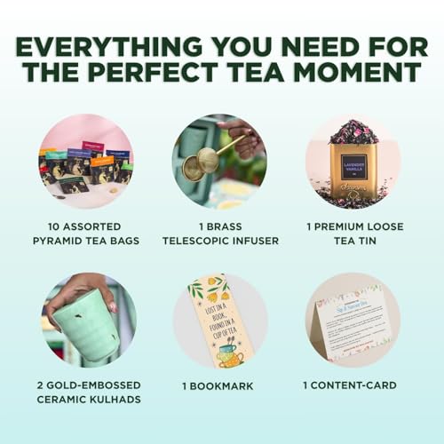 Image of CHAYAM Luxury Tea Gift Box | 10 Assorted Tea Bags, Lavender Vanilla 50g, 2 Kulhad Cups & Brass Infuser | Premum Tea Gift Set