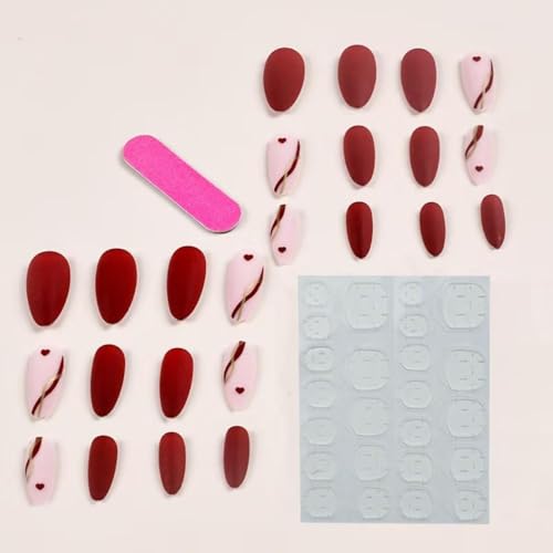 Image of Red Press on Nails Heart Fake Nails Medium Almond False Nail with Line Design Nude Pink Glue on Nails Glossy Acrylic Nail Full Cover Stick on Nail for Women Manicure Valentine's Day Manicure