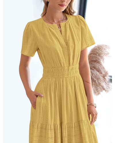 BTFBM Womens Summer 2026 Casual Midi Maxi Dresses Lightweight Short Sleeve V Neck Elastic Waist Boho Beach Dress Pockets(Yellow, X-Large) — view 4