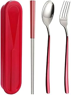 Chopsticks Chinese Reusable Stainless Steel Chopsticks Spoon Set Fork Three-Piece Set Portable Tableware Storage Box (C