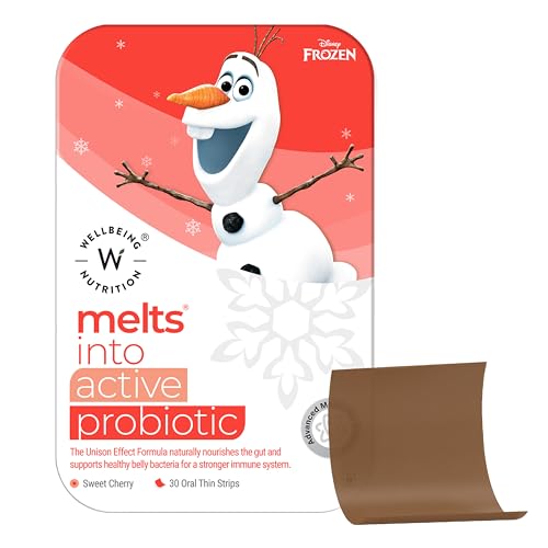 Wellbeing Nutrition Disney Melts Probiotics & Prebiotics for Kids | 7B CFU, Vitamin C & D3 | Improve Digestion, Immunity & Gut Health | Sweet Cherry Flavor, 30 Oral Strips