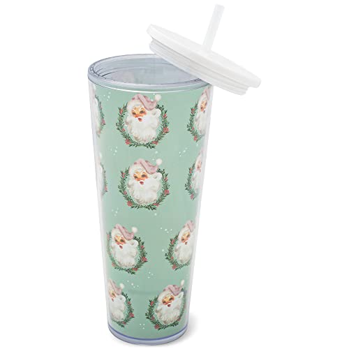 Mary Square Smiling Santa In Holly Wreath 24 Ounce Acrylic Christmas Travel Tumbler With Straw #TOP2