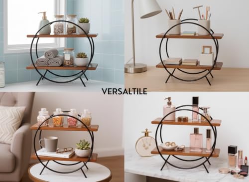 Image of Wooden Kitchen Rack Organiser 2 Tier Shelf | Circular Multipurpose Solid Acacia Wood Storage Organizer | Grocery Spice Rack | Sugar Containers, Jars, Bottels Holder for Kitchen | Food Safe
