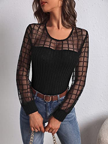 Mulheres Tops Xadrez de contraste Malha (Color : Black, Size : M)